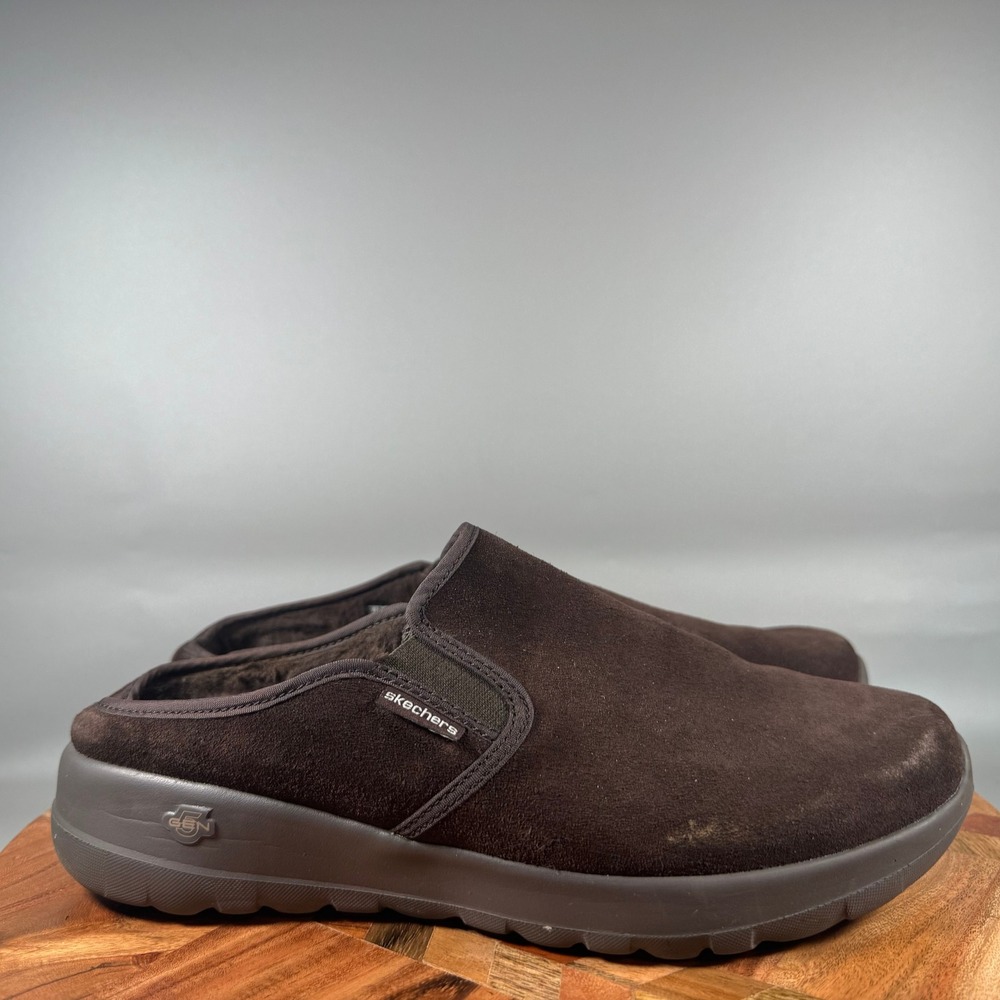 Skechers Go Walk Joy Terrific Brown Suede Faux Fur Mule Sneakers Womens 10 Wide